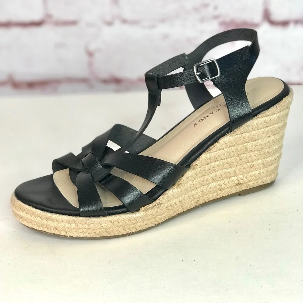 ROCK & CANDY  Fola Espadrille Jute Wrapped Wedge Sandals 8.5 Black faux leather